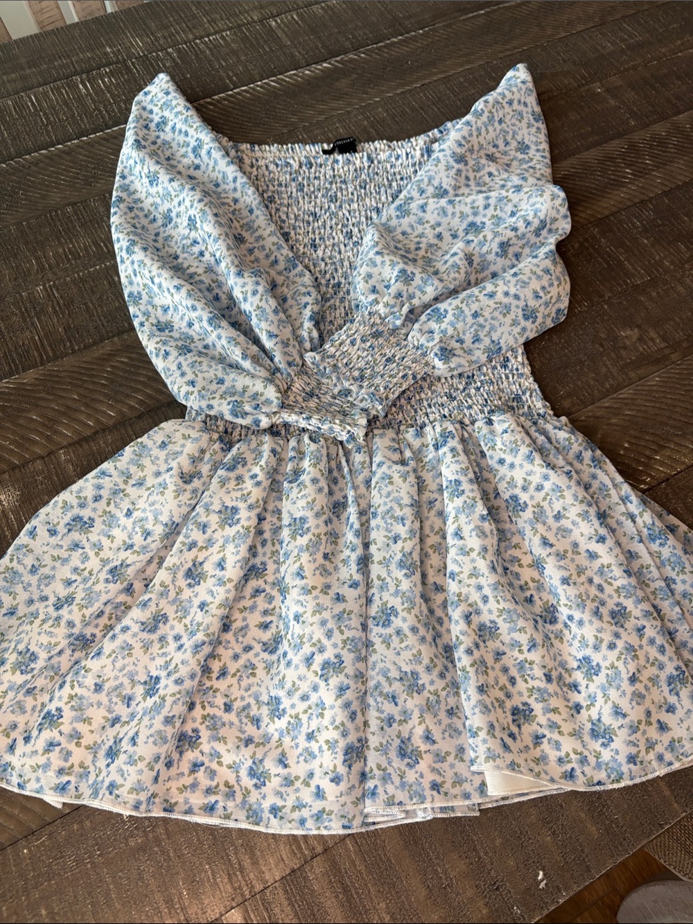 Forever 21 White and Blue Floral Smocked Dress for Juniors